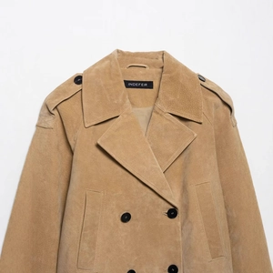 Women's camel faux suede trench coat jacket with classic double-breasted black buttons