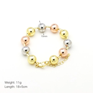 Detail of 10mm tricolor mixed beads bracelet showing the lobster clasp and adjustable chain