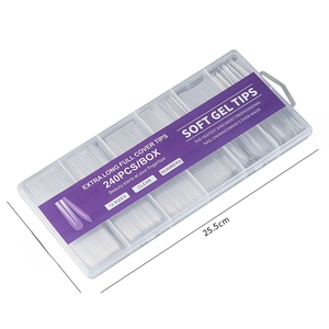 Extra long clear soft gel nail tips set with 240 pieces in a professional storage box