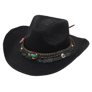 Western black straw cowboy hat with bohemian beaded band and turquoise stone detail