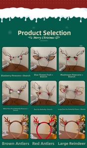 Detail showcasing various plush Christmas reindeer antler headbands with pine cones and flowers