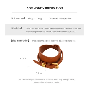 Detailed specs for brown faux leather wrap bracelet with gold buckle and dimensions