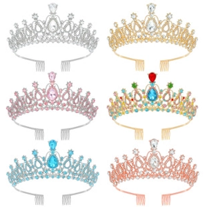 Detailed grid view showing six colors of crystal birthday queen tiaras with hair combs