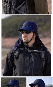 Detail of navy blue sun hat with neck flap and mesh ventilation for outdoor hiking