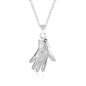 Macro detail of silver Hamsa Hand pendant with evil eye engraving on steel necklace
