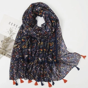 Bohemian paisley print cotton linen scarf in navy blue with fringe and floral patterns
