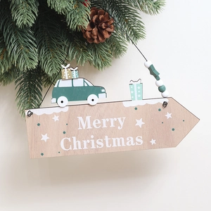 Panneau de Noël en bois fléché avec petit camion vert et perles sur sapin