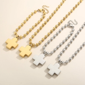 Hip hop 18K gold and silver plated stainless steel bead necklaces with cross pendants