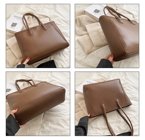 Detailed views of the brown leather tote bag showing front, back, side and bottom angles