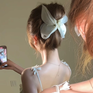 Elegante molletta per capelli a farfalla in rete bianca su un'acconciatura per un look chic