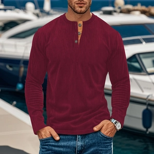 Men's slim fit corduroy long sleeve Henley shirt in burgundy with button collar detail