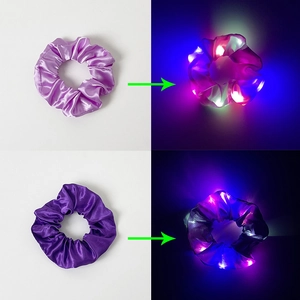 Detailed comparison of purple LED hair scrunchies showing day and glowing night effects