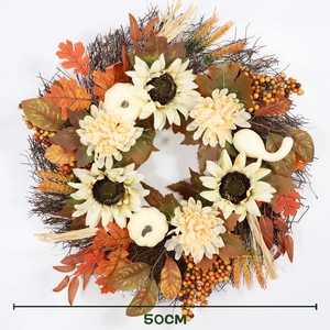Autumn harvest wreath with white pumpkins, sunflowers, and maple leaves on vine base, 50cm