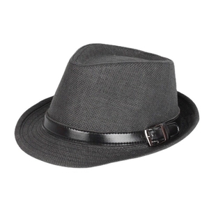 Classic black woven paper fedora hat for men with leather band and silver buckle trim