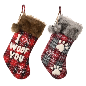 Set of plaid pet Christmas stockings with faux fur trim and I WOOF YOU embroidery