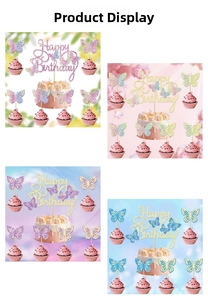 Macro shot of 9-piece glittery butterfly cake topper sets in four gradient color schemes