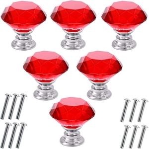 Set of six ruby-cut crystal cabinet knobs with silver alloy bases and mounting screws