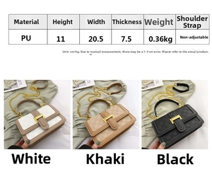 Quilted PU leather small square bag details with gold chain and dimensions overview