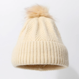 Winter Beanie Hat For Women Thick Knit Warm Thermal Cap With Faux Fur Pompom Solid Color Outdoor Windproof