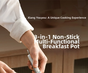 Detail of ergonomic non-stick pan handle with a focus on three-in-one breakfast pan