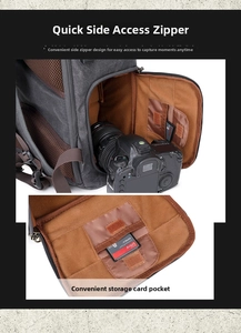 Detail of camera backpack side access with dedicated memory card storage pockets