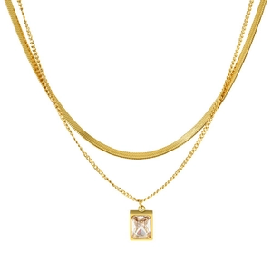 Zweilagige 18K vergoldete Edelstahl-Schlangenkette mit rechteckigem Kristallanhänger