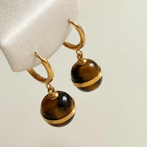 Stainless Steel Hoop Earrings With Natural Tiger Eye Stone Ball Pendant Retro Elegant Geometric Jewelry For Women