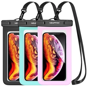 Three waterproof phone cases in black, mint, and pink with secure locking clips and lanyards