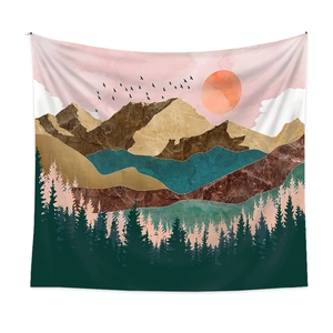 Detail of artistic tapestry with abstract pink sunset sky and marble texture mountains