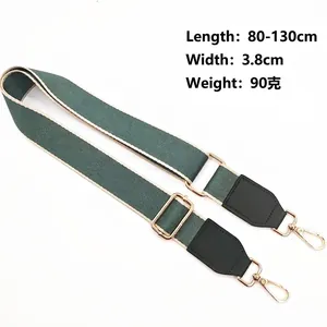 Adjustable dark green cotton canvas strap with gold metal hooks, 3.8cm wide, 80-130cm long