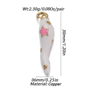 Detailed view of white enamel chili pendant with dimensions and copper material info