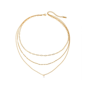 Three-layer 18k gold plated stainless steel necklace with paperclip chain and water-drop pendant