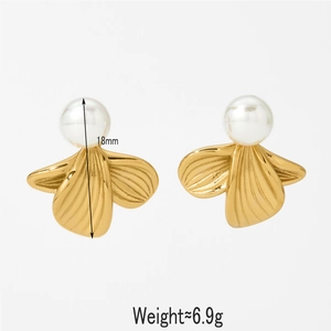 Elegant stainless steel gold pearl leaf earrings, 18mm height, weighing 6.9g