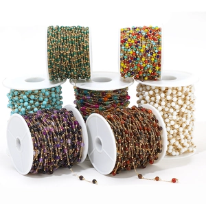 Gold-plated stainless steel chain with colorful round natural stone beads for DIY jewelry
