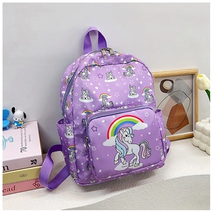 Detail of purple toddler backpack featuring unicorn, rainbow prints and side mesh pocket