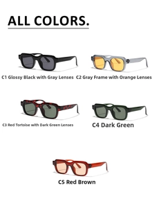Detailed grid of Y2K square sunglasses in black, grey, tortoise, green, and brown frames