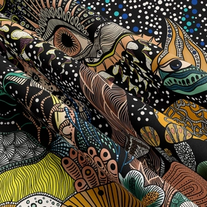 Vue détaillée du tissu imprimé numériquement avec texture dense et motifs abstraits
