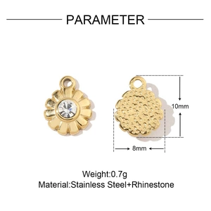 Detaillierte Parameteransicht eines 10mm Goldblumenanhängers aus Edelstahl und Rhinestone