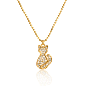 Gold cat pendant necklace with white crystals and ball chain on a white background
