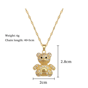 Detail view of crystal teddy bear pendant with dimensions and chain length specs