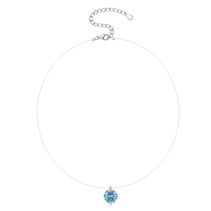 Detail view of S925 sterling silver tag and 2ct blue gemstone pendant on invisible string