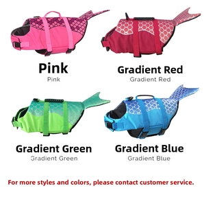 Detailed grid showing mermaid dog life jackets in pink, red, green, and blue gradients