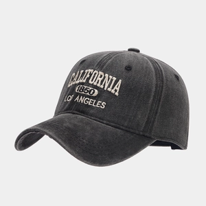 Detailed embroidery of CALIFORNIA LOS ANGELES 1850 on a washed grey baseball cap