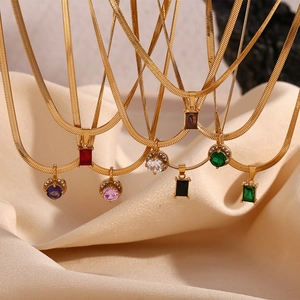 Gold flat snake chain necklace set with square and round colorful zircon pendants