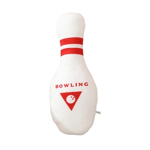 Creative white bowling pin plush toy with red stripes and bowling logo for home decor