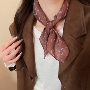 Detail of a brown paisley print silk-like fabric scarf necklace on a fashion model