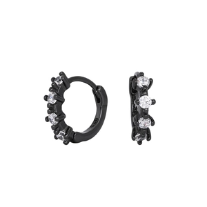 Detail view of black metal hoop earrings featuring five round white cubic zirconia stones