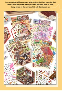 Detail of 2.5D isometric cartoon scene stickers for DIY scrapbooking and journals