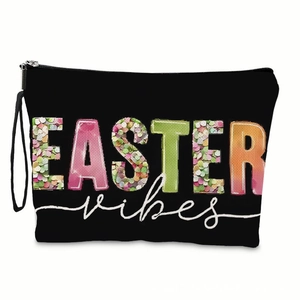 Black Easter Vibes makeup bag with colorful floral lettering and zip closure for travel