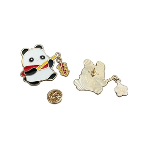 Cute panda enamel pin with golden bamboo, featuring both front and back views on white background